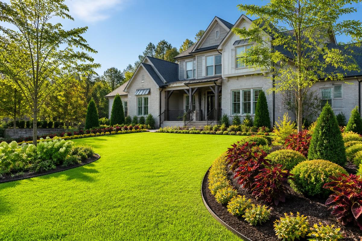 Bright, professionally maintained residential lawn and landscaping by Top Performance Services